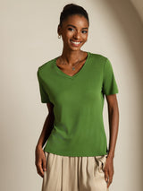 [Green] SilkSilky-AU Short Sleeve V Neck Women's T-Shirt 003