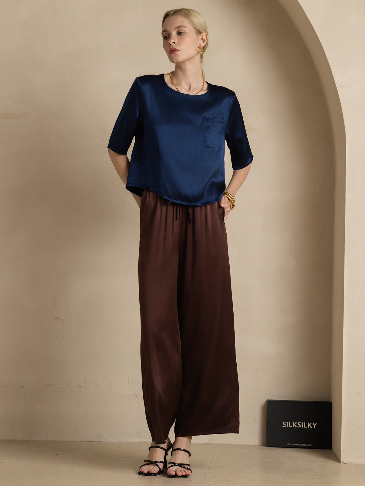 [Dark Blue] SilkSilky-AU Pure Silk Boat Neck Women's T-Shirt 007