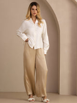 [White] SilkSilky-AU Long Sleeve Split Women's Blouse 007
