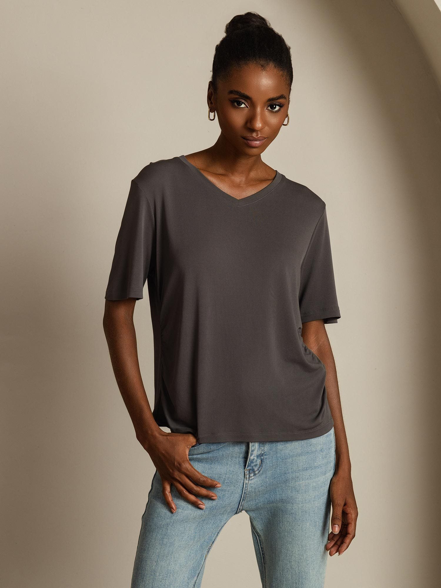 [Gray] SilkSilky-AU Pure Silk V Neck Women's T-Shirt 008