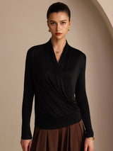 [Black] SilkSilky-AU Long Sleeve Wrap Women's Blouse 001