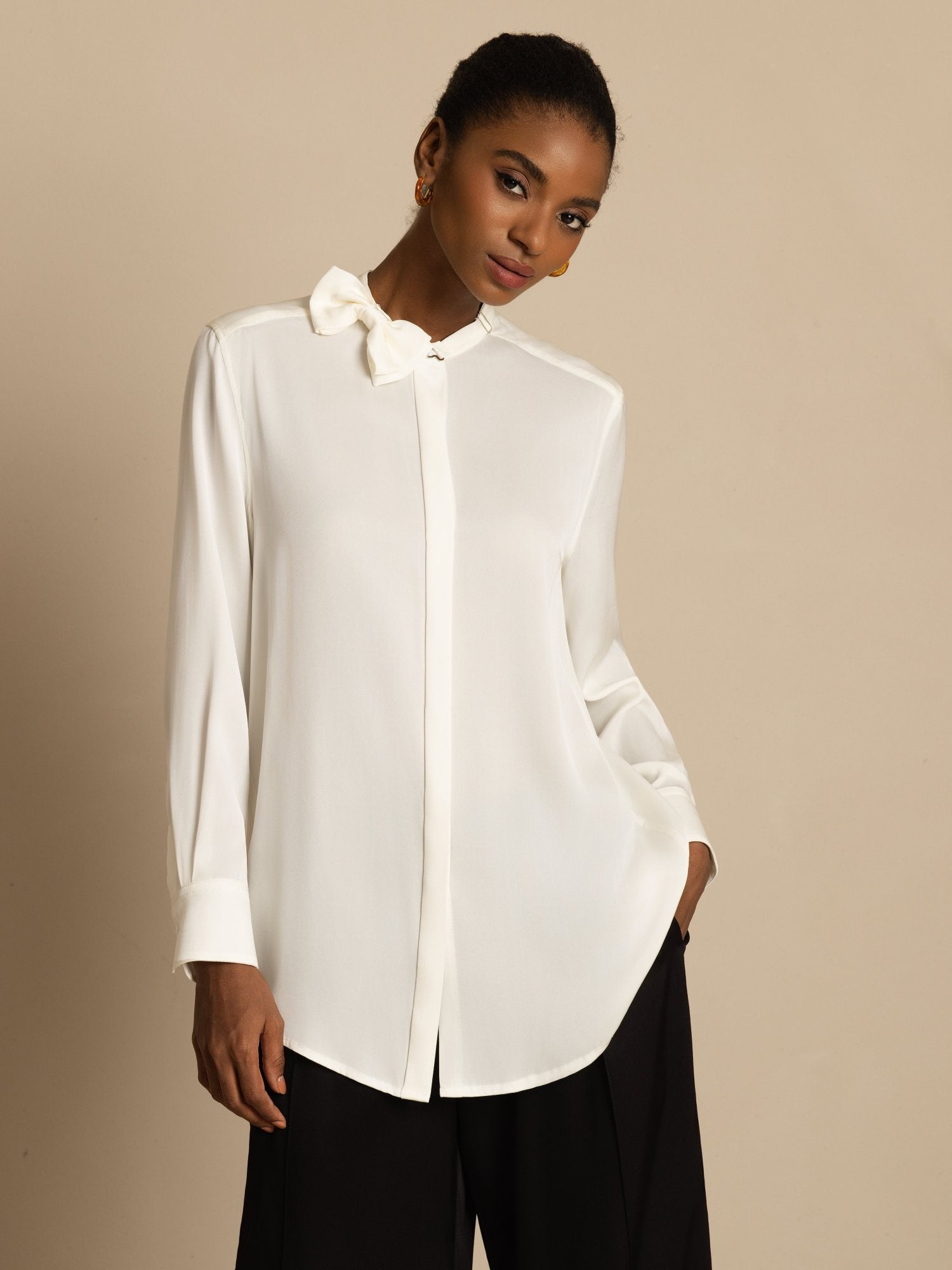 [White] SilkSilky-AU 19Momme Stretch Silk Double Georgette Long Sleeve Stand Collar Blouse 001