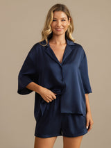 [Dark Blue] SilkSilky-AU 19Momme Machine-Washable Silk Half Sleeve Notch Collar Women's Pyjamas 004