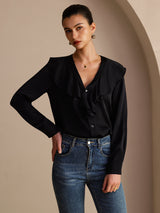 [Black] SilkSilky-AU Long Sleeve Deep V Neck Women's Blouse 004
