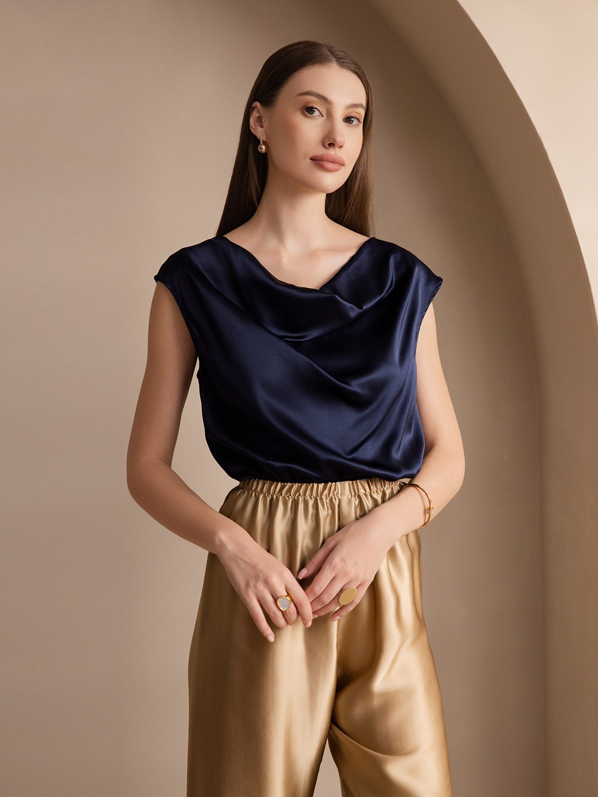 [Dark Blue] SilkSilky-AU 19Momme Silk Sleeveless Cowl Neck Women's T-Shirt 003