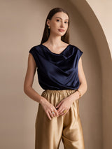 [Dark Blue] SilkSilky-AU Cap Sleeve Cowl Neck Women's T-Shirt 003