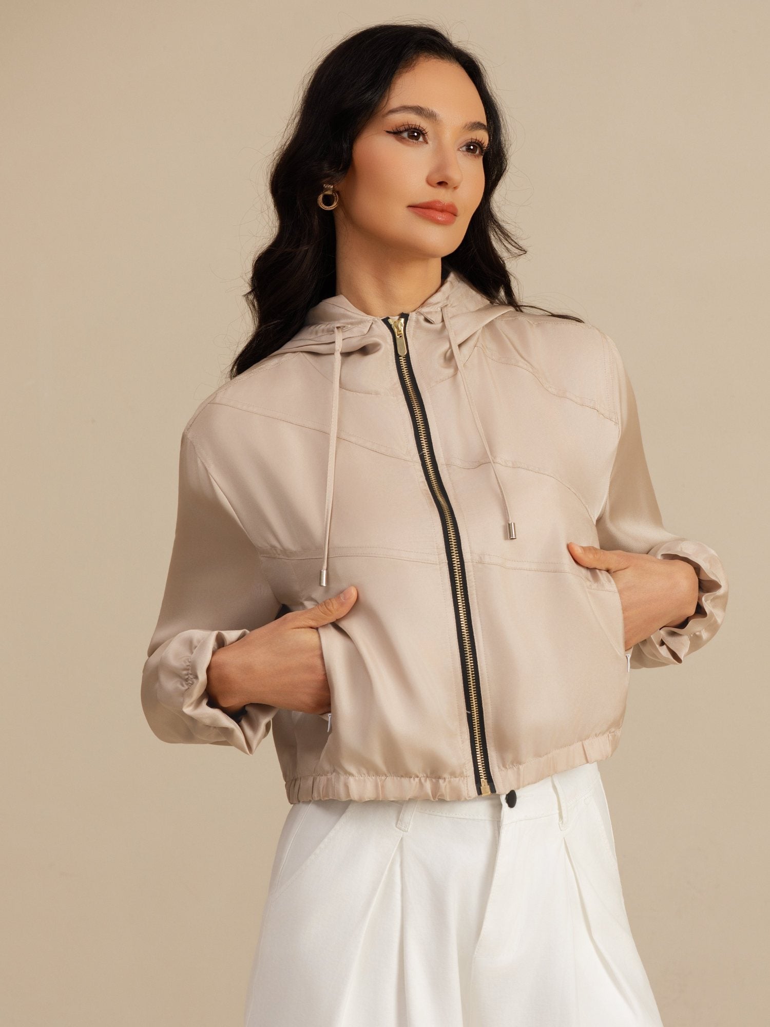 [Tan] SilkSilky-AU 18Momme Silk Satin Surah Long Sleeve High Neck Women's Outerwear 004