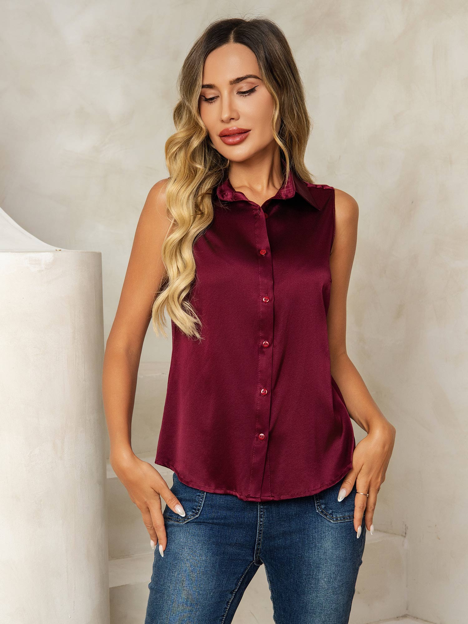[Dark Red] SilkSilky-AU 19Momme Silk Lapel Collar Women's Shirt 005