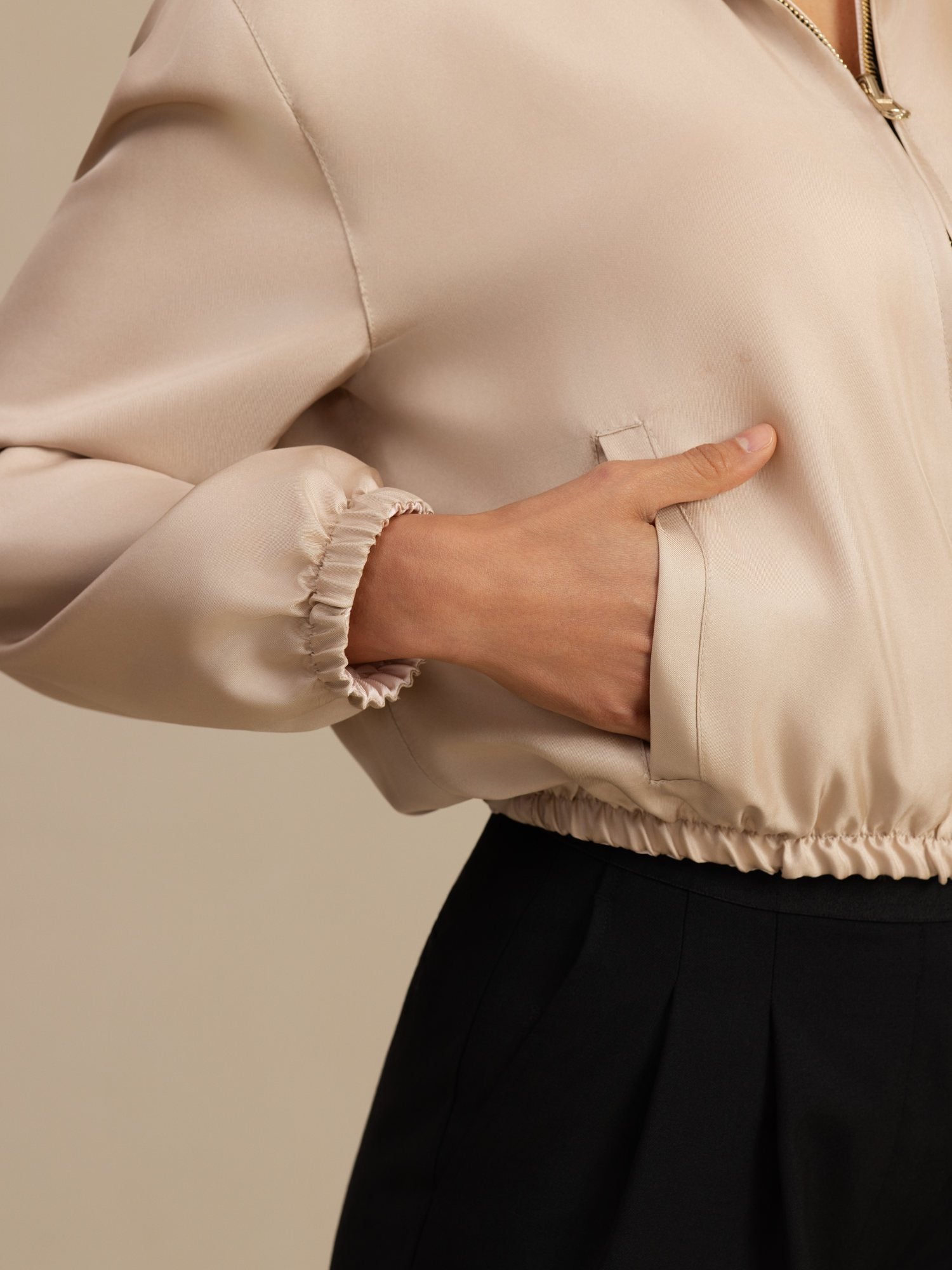 [Tan+Pink] SilkSilky-AU 18Momme Silk Satin Surah Long Sleeve Stand Collar Women's Outerwear 006