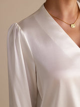 [White] SilkSilky-AU Long Sleeve Wrap Women's Blouse 004
