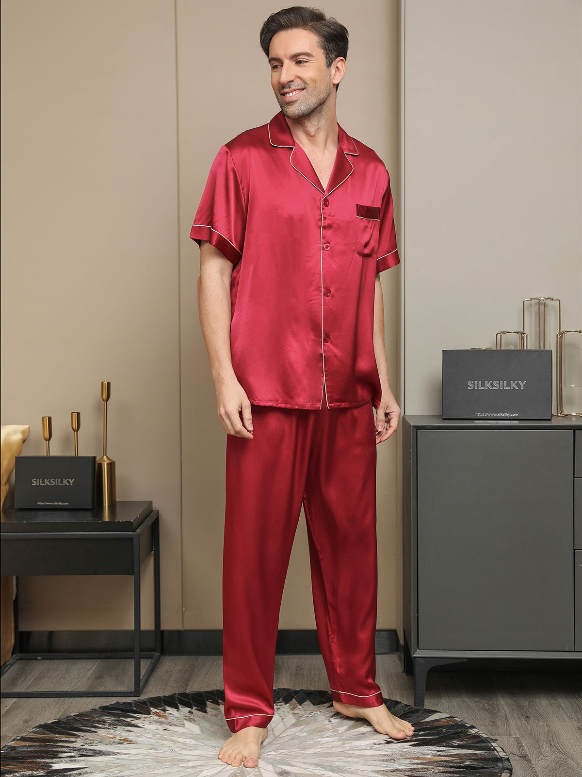 SilkSilky AU 19Momme Pure Silk Short Sleeve Lapel Men's Pyjamas Red 004