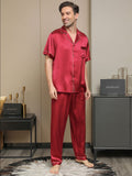 SilkSilky AU 19Momme Pure Silk Short Sleeve Lapel Men's Pyjamas Red 004