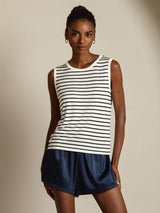 [White Stripe] SilkSilky-AU Pure Silk Sleeveless Round Neck Camisole 008