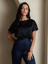 [Black] SilkSilky-AU 19Momme Stretch Silk Charmeuse Short Sleeve Boat Neck Women's T-Shirt 004