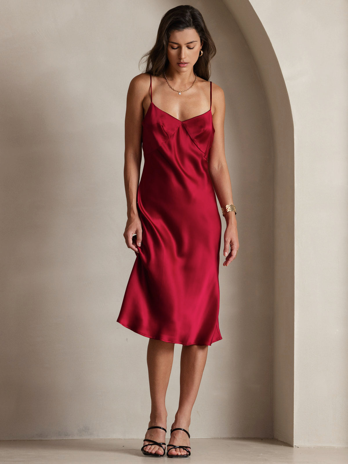 [Wine] SilkSilky-AU 19Momme Pure Silk V Neck Dress 005