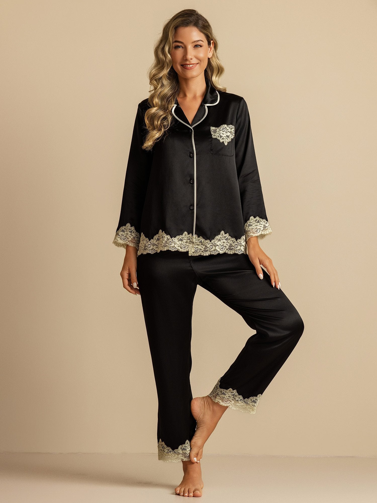 [Black] SilkSilky-AU Pure Silk Womens Pajamas 001