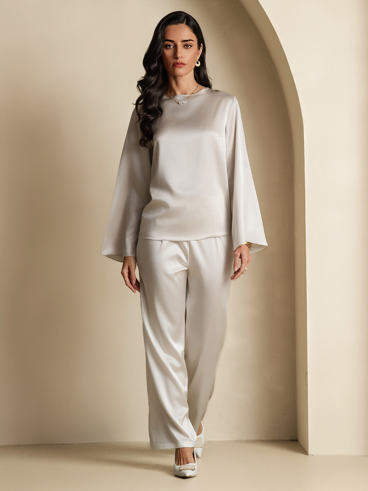 [Light Gray] SilkSilky-AU 19Momme Silk Round Neck Women's T-Shirt 006