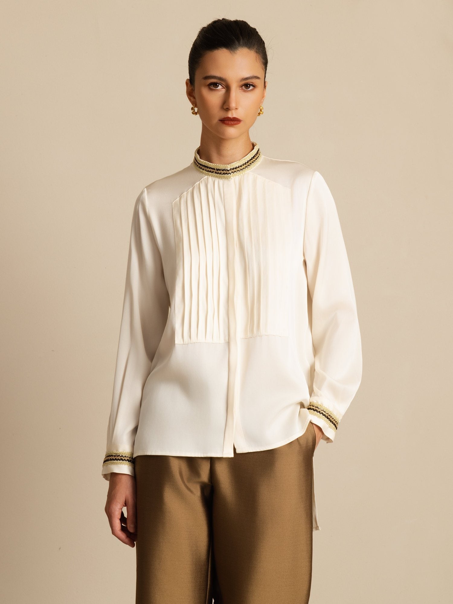 [Sea Pearl] SilkSilky-AU 19Momme Stretch Silk Double Georgette Long Sleeve Stand Collar Blouse 001