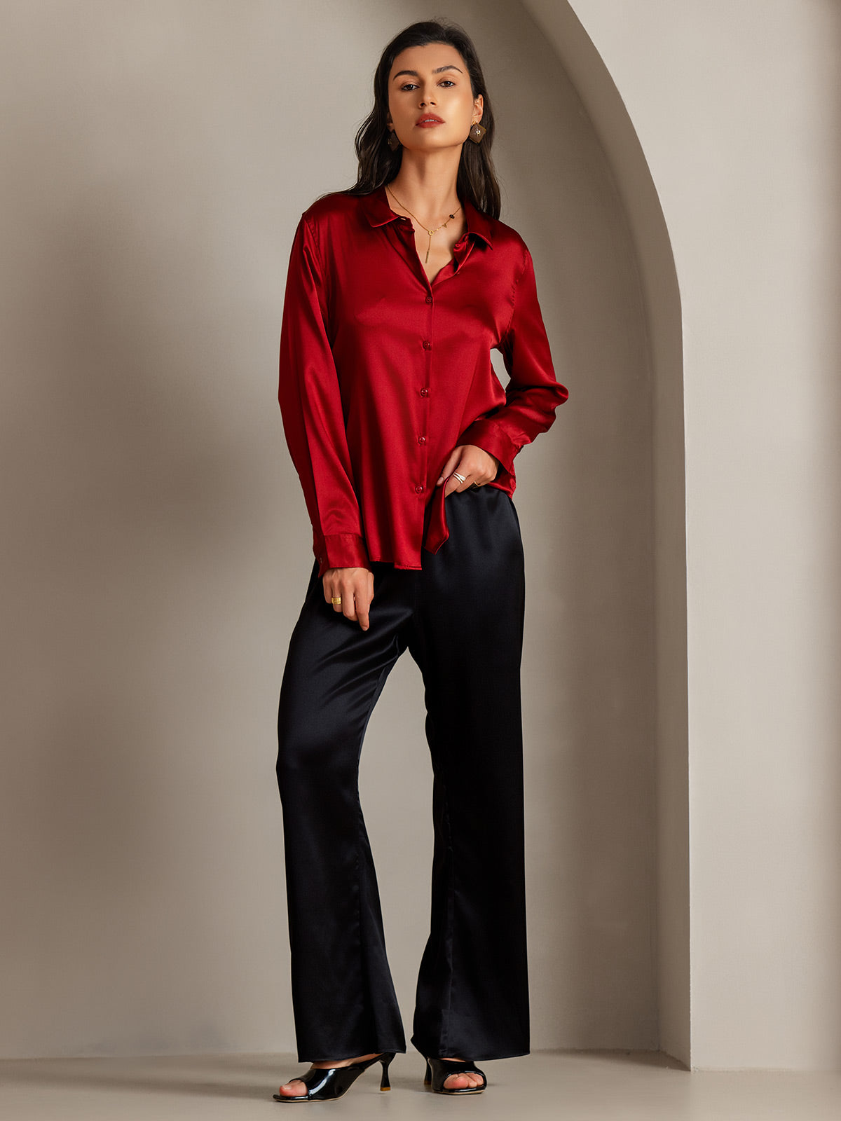 SilkSilky-AU Silk Long Sleeve Collar Women's Shirt Red 004