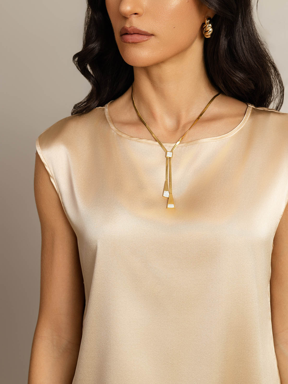 [Champagne] SilkSilky-AU 19Momme Stretch Silk Charmeuse Cap Sleeve Round Neck Women's T-Shirt 005