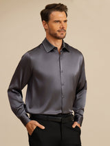 [Dark Gray] SilkSilky-AU 19Momme Stretch Silk Charmeuse Long Sleeve Lapel Collar Men's Shirt 001