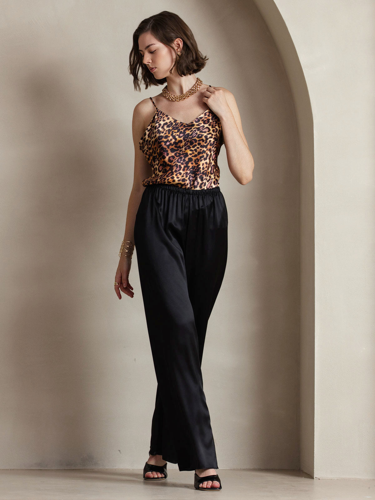 SilkSilky AU Pure Silk Sleeveless V Neck Camisole Leopard 006