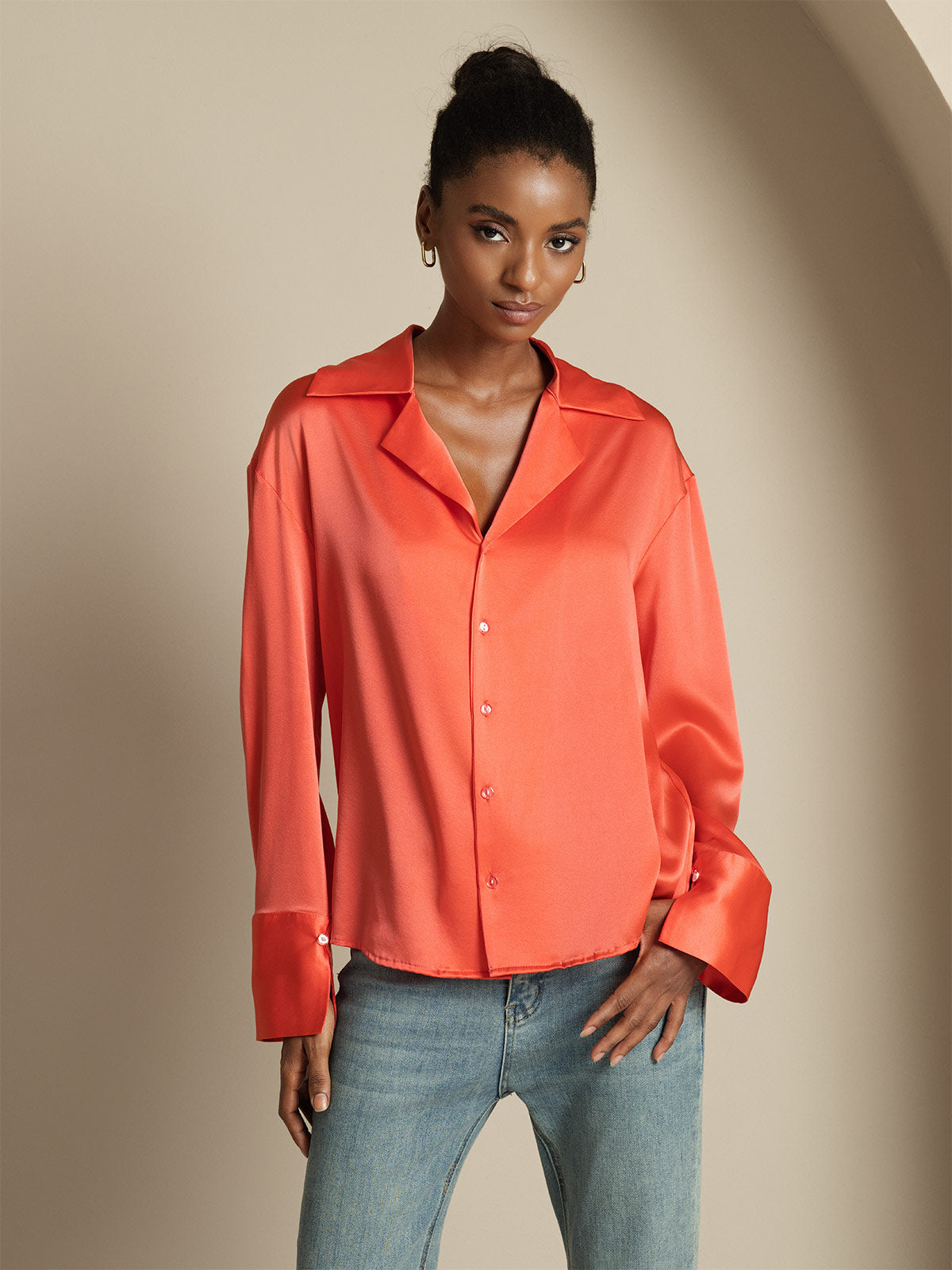 [Imperial Red] SilkSilky-AU 19Momme Silk Notch Collar Women's Shirt 005