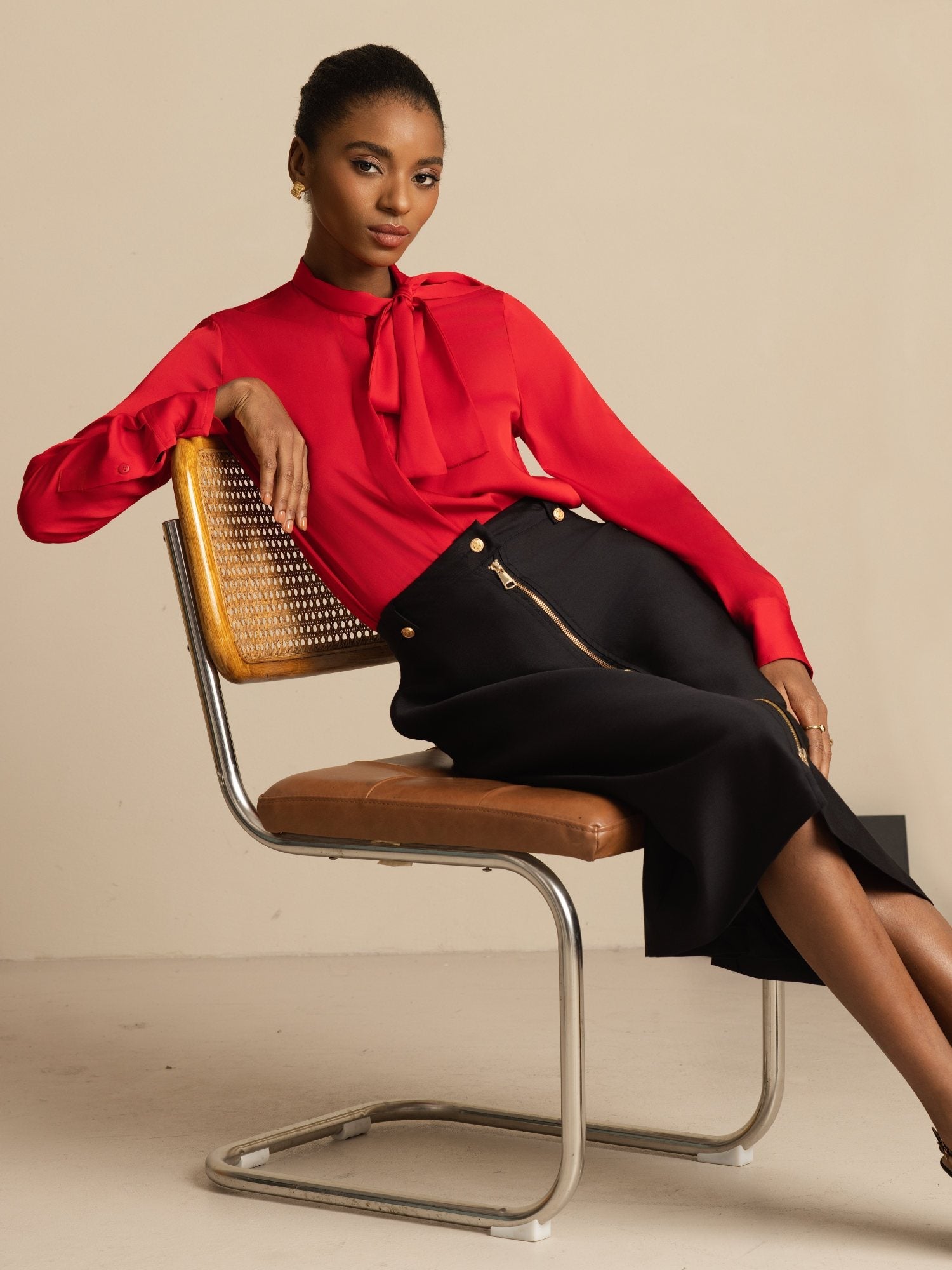 [Wine] SilkSilky-AU 19Momme Silk Long Sleeve Tie Neck Blouse 007