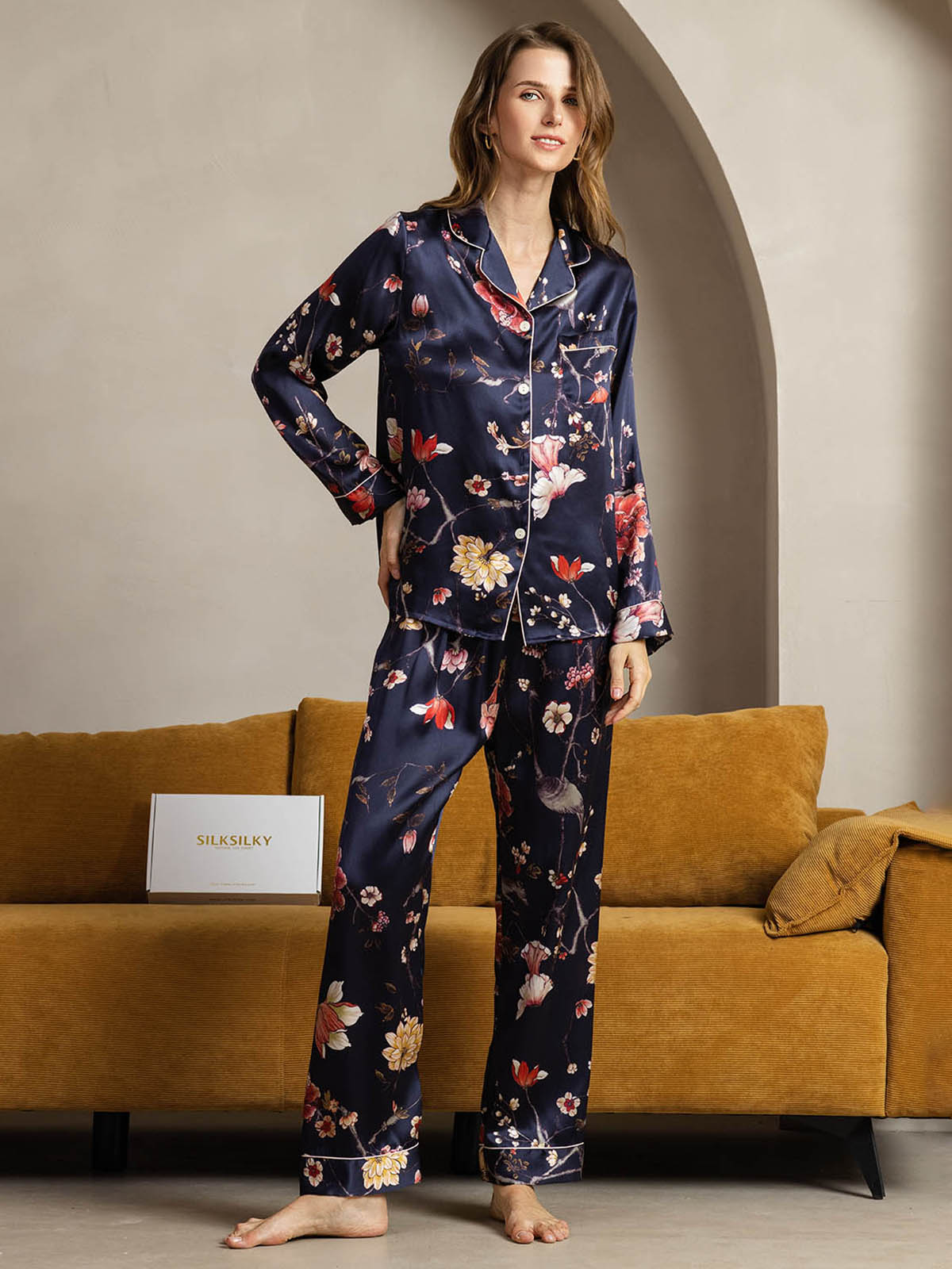 [Navy Floral] SilkSilky-AU Pure Silk Womens Pajamas 004