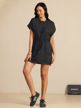 [Black] SilkSilky-AU 18Momme Silk Satin Surah Cap Sleeve Henley Neck Dress 006