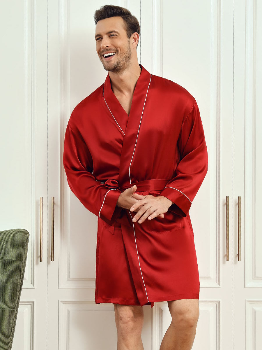 SilkSilky AU Pure Silk 3/4 Sleeve Mens Robe Wine 001