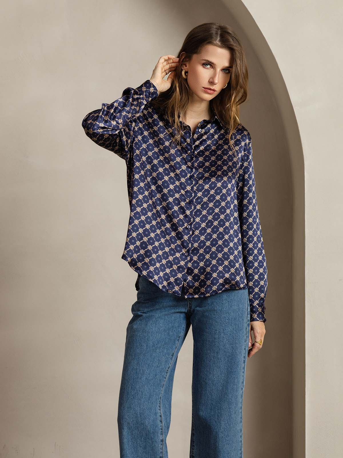 [Navy Chain] SilkSilky-AU Silk Long Sleeve Lapel Collar Women's Shirt 007