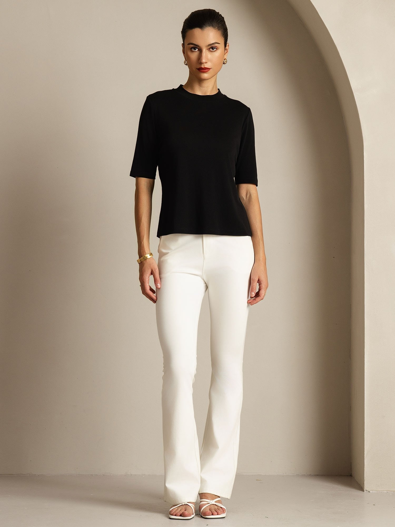 [Black] SilkSilky-AU Pure Silk Round Neck Women's T-Shirt 003