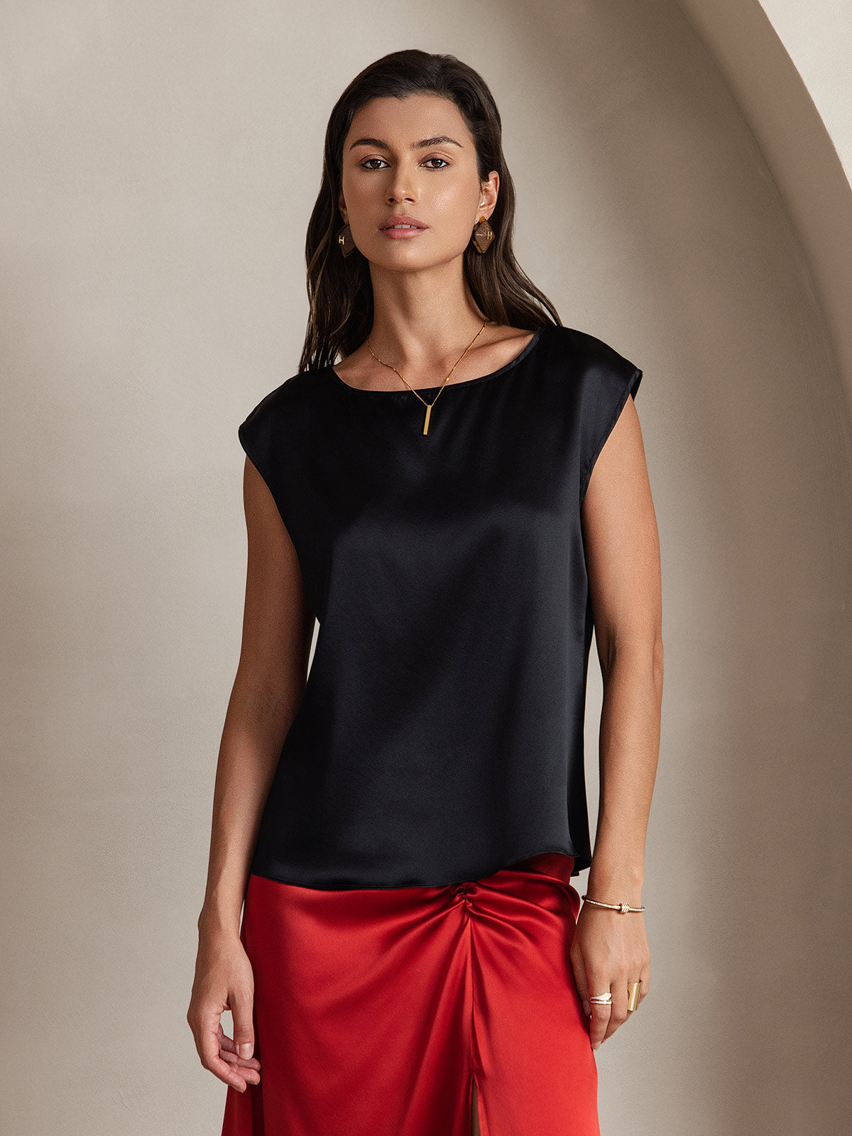 [Black] SilkSilky-AU 19Momme Stretch Silk Charmeuse Cap Sleeve Round Neck Women's T-Shirt 001