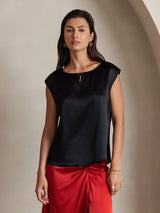 [Black] SilkSilky-AU Cap Sleeve Round Neck Women's T-Shirt 001