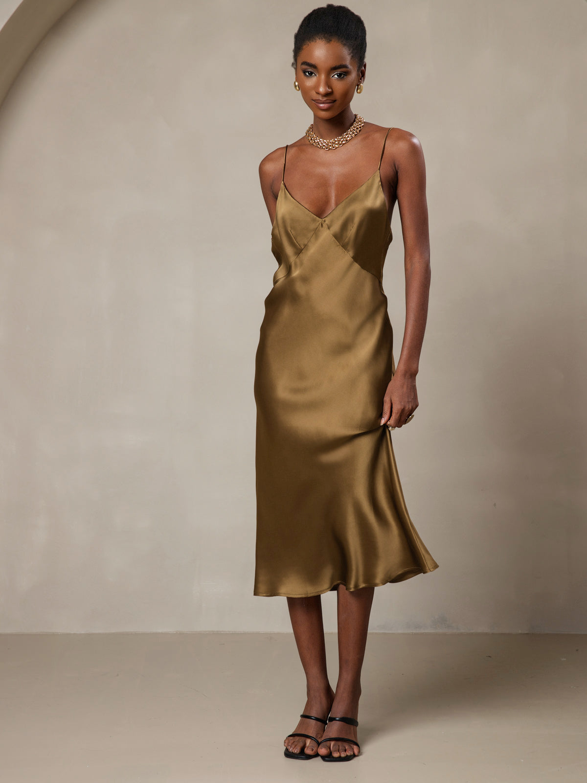 [Brown] SilkSilky-AU 19Momme Pure Silk V Neck Dress 006