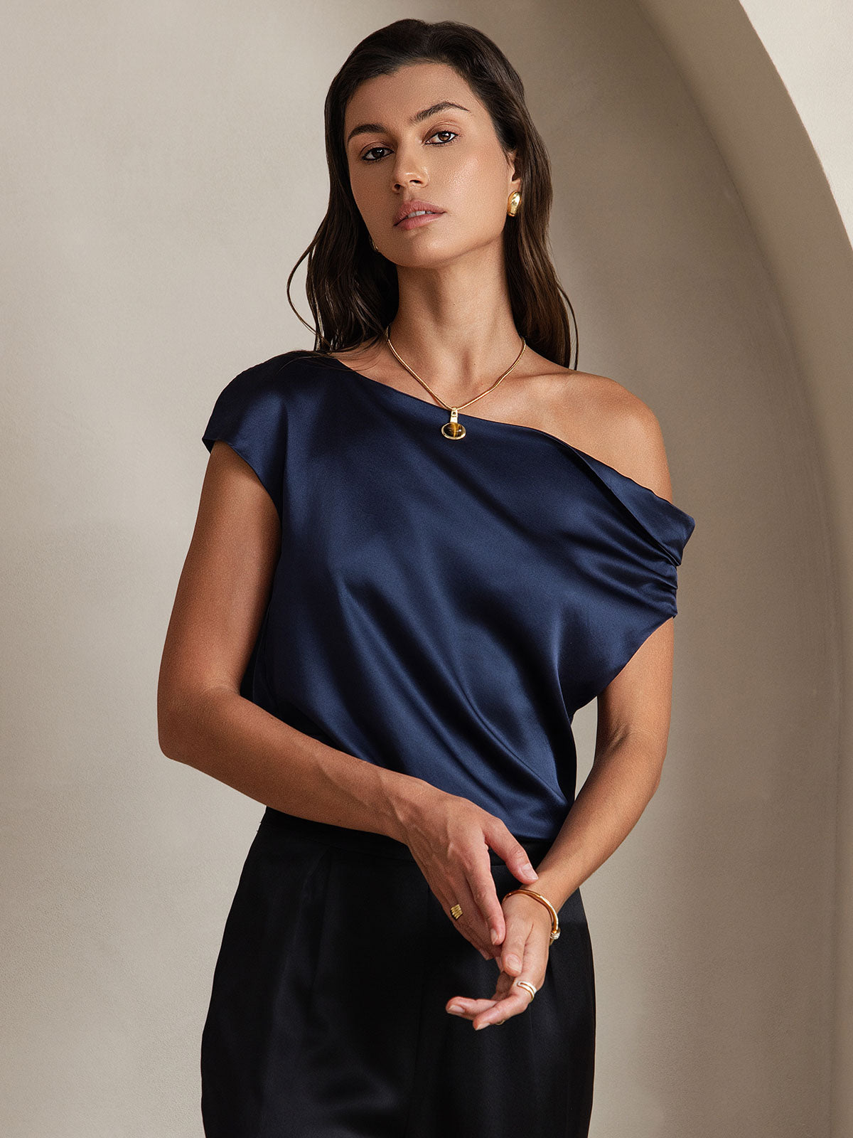 SilkSilky-AU 19Momme Silk Sleeveless One Shoulder Women's T-Shirt DarkBlue 003