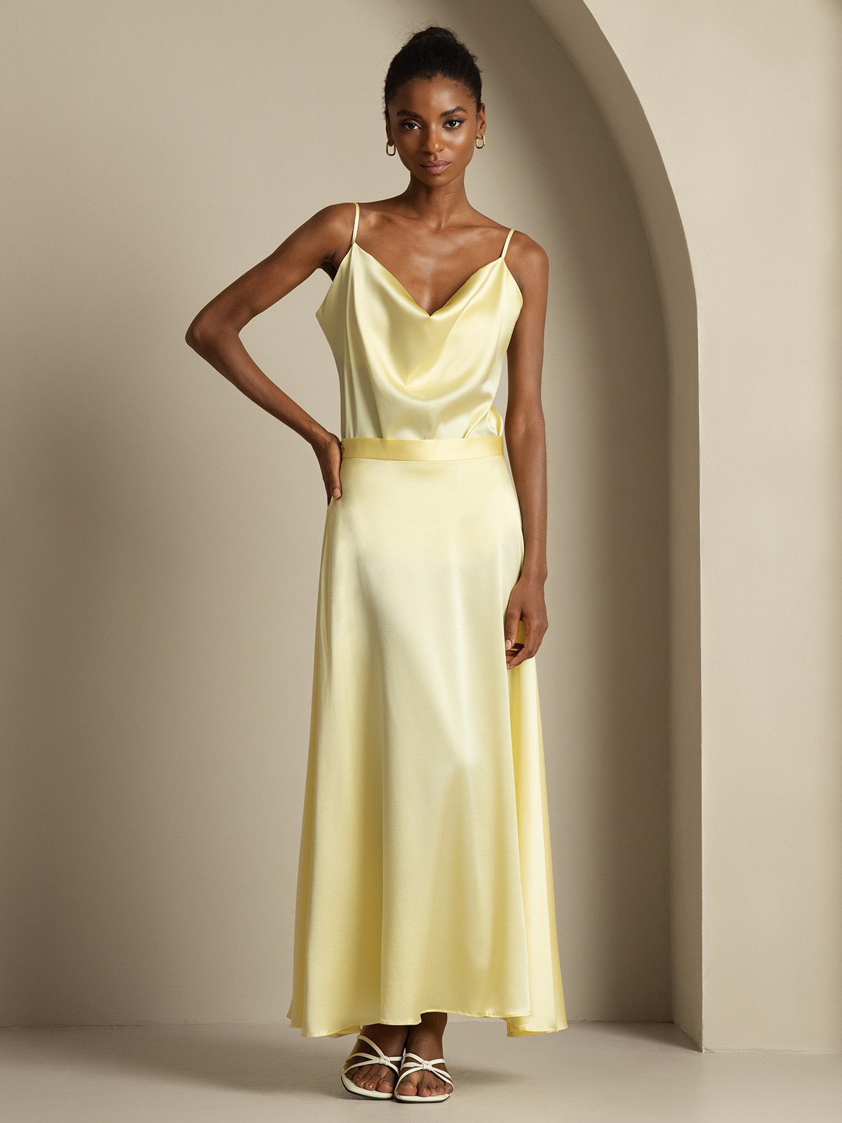 [Light Yellow] SilkSilky-AU 19Momme Silk Knitted Cowl Neck Women''s Outfit Sets 003,