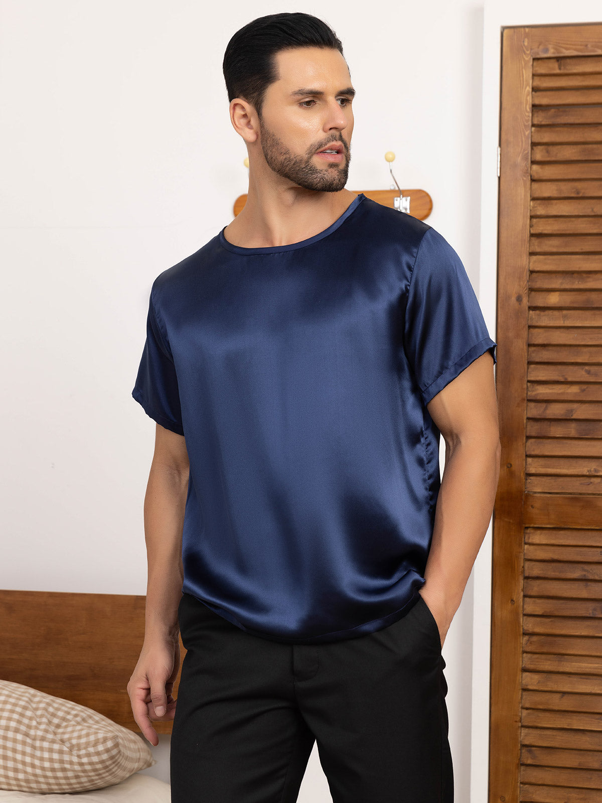 SilkSilky AU Pure Silk Short Sleeve Round Neck Men's T Shirt DarkBlue 006