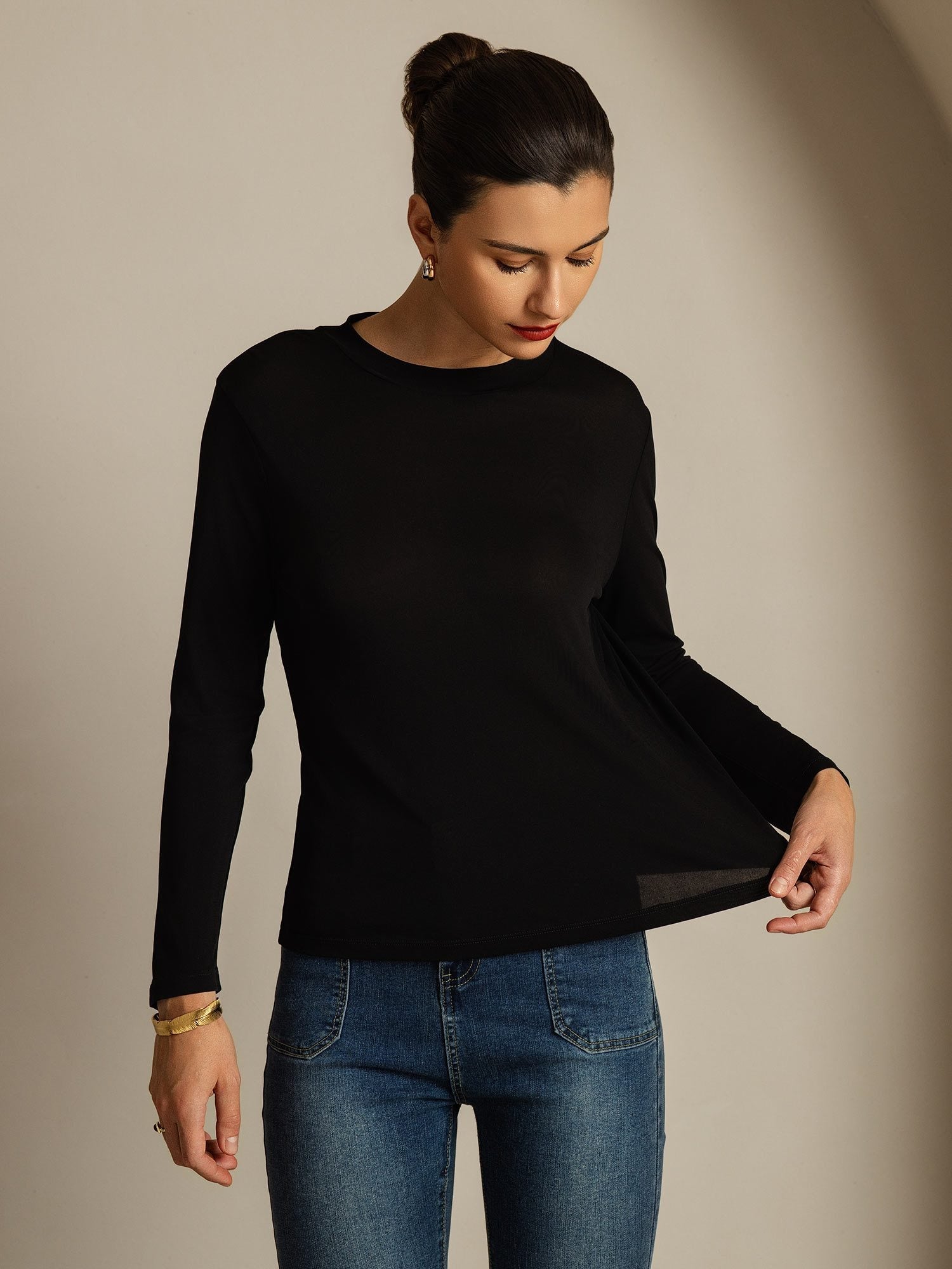 [Black] SilkSilky-AU Pure Silk Womens T-Shirt 003,