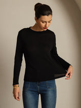 [Black] SilkSilky-AU 100% Silk Jersey Long Sleeve Crew Neck Women's T-Shirt 003