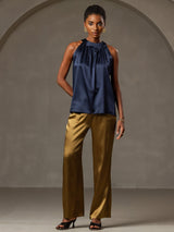 [Dark Blue] SilkSilky-AU 19Momme Stretch Silk Charmeuse Sleeveless Halter Women's T-Shirt 005