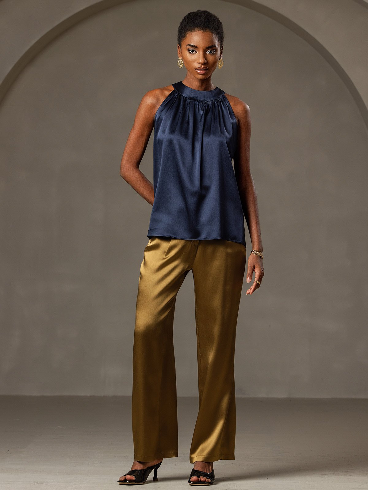 [Dark Blue] SilkSilky-AU 19Momme Silk Sleeveless Halter Neck Women's T-Shirt 005