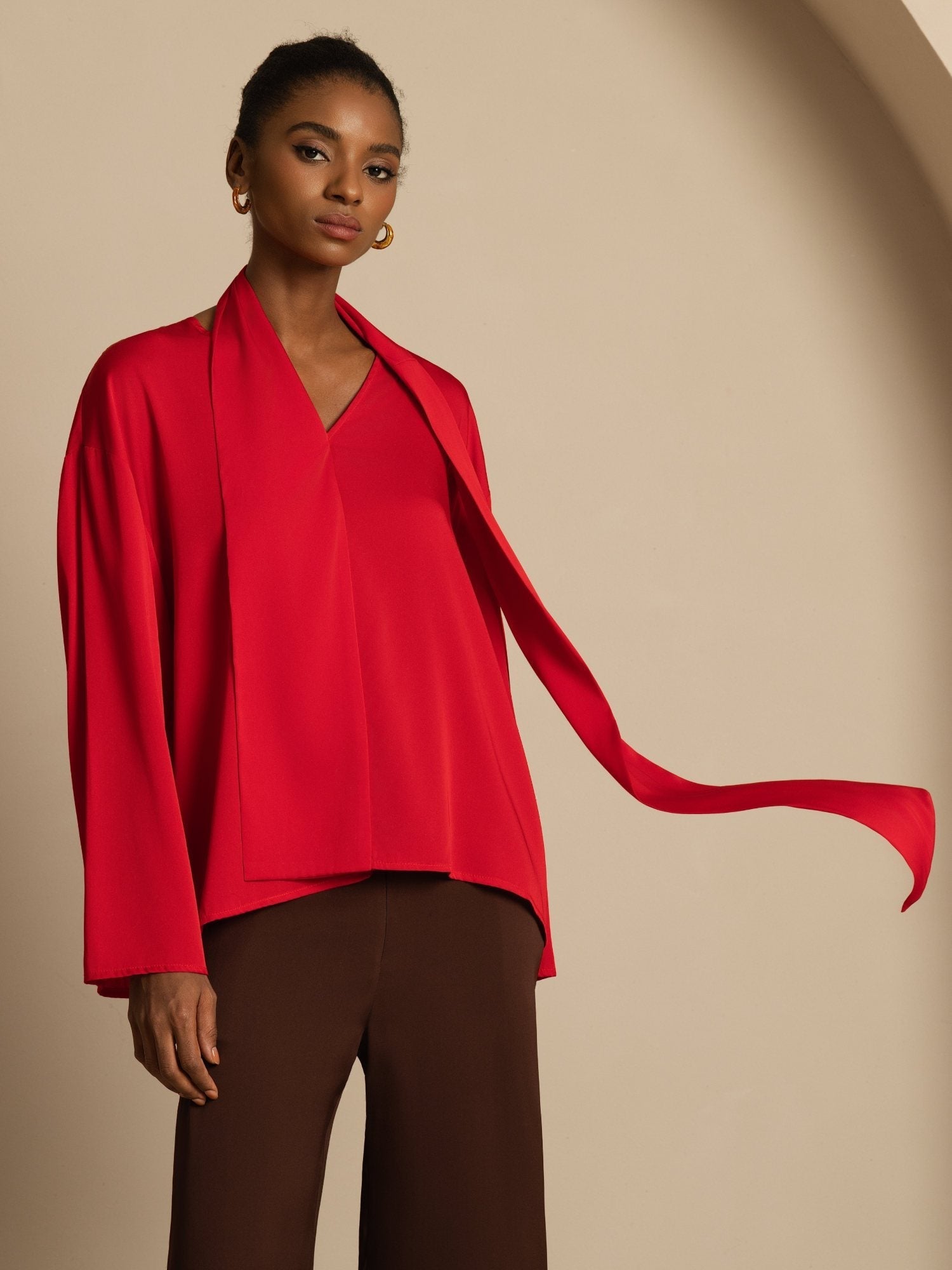 [Wine] SilkSilky-AU 19Momme Stretch Silk Double Georgette Long Sleeve V Neck Blouse 003