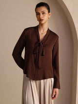 [Bitter Chocolate] SilkSilky-AU Long Sleeve Tie Neck Women's Blouse 003