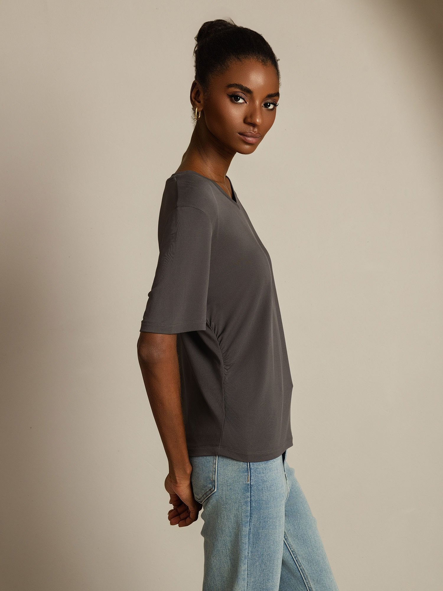 [Gray] SilkSilky-AU Pure Silk V Neck Women's T-Shirt 003