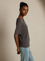 [Gray] SilkSilky-AU 100% High-Twist Silk Jersey Short Sleeve V Neck Women's T-Shirt 003