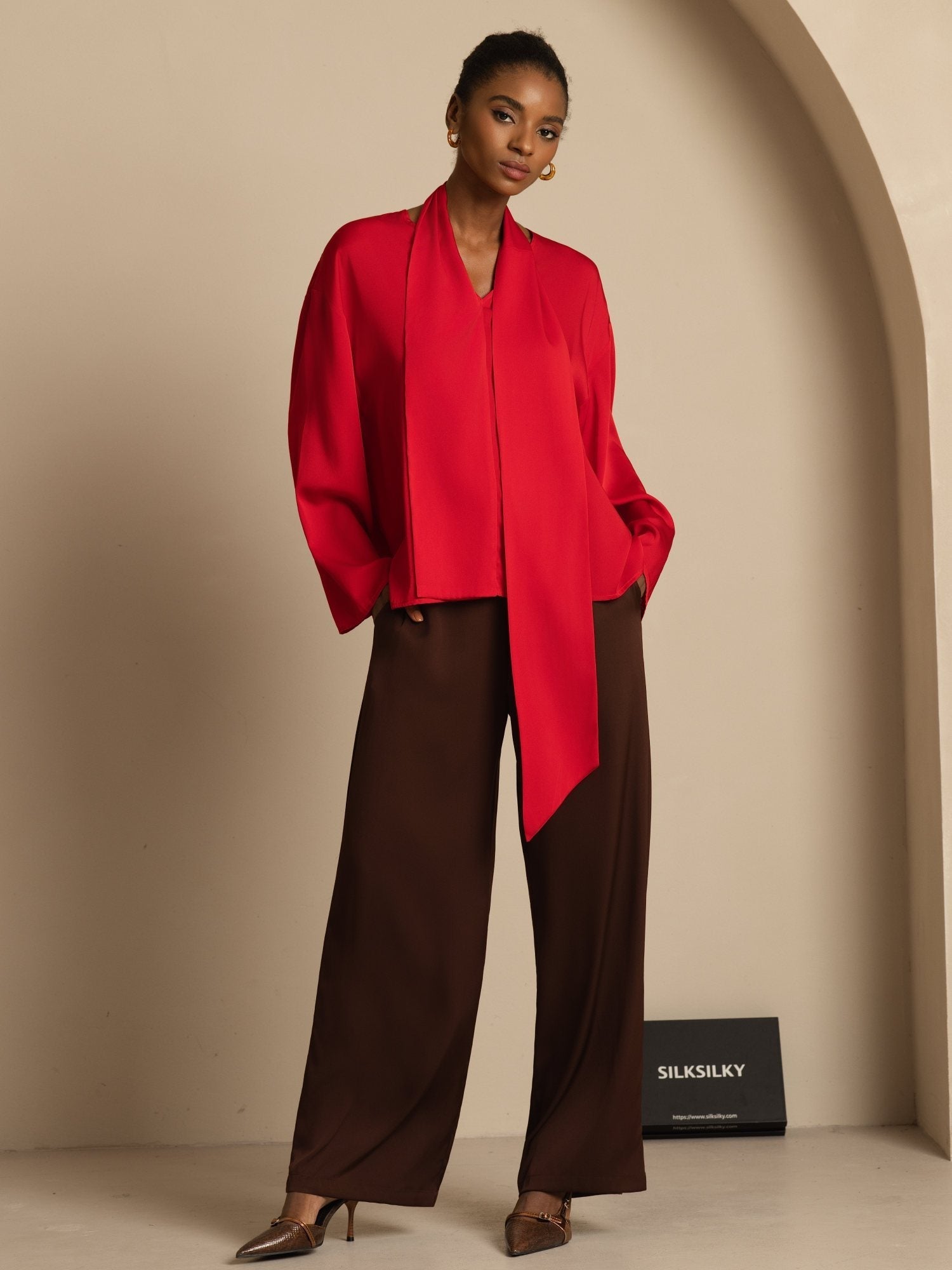 [Wine] SilkSilky-AU 19Momme Stretch Silk Double Georgette Long Sleeve V Neck Blouse 006