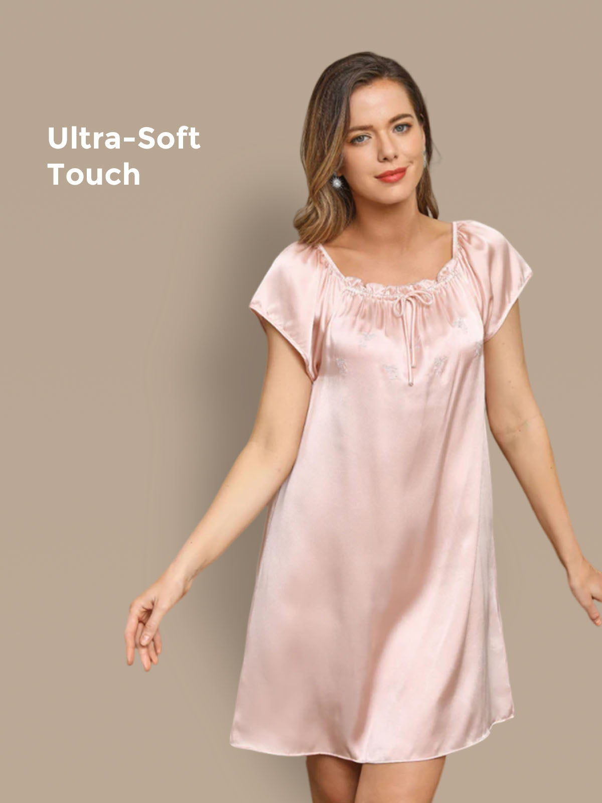 [Light Pink] SilkSilky-AU Pure Silk Tie Neck Nightgown 001