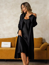 [Black] SilkSilky-AU Long Sleeve V Neck Nightgown&Dressing Gown Set 003